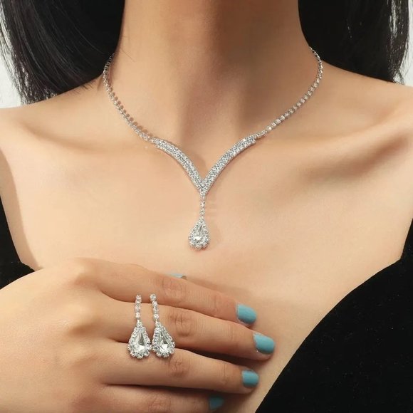 ELEGANT CLEAR RHINESTONE CRYSTAL NECKLACE EARRINGS SET BRIDAL, SILVER WHITE‎ - Picture 1 of 12